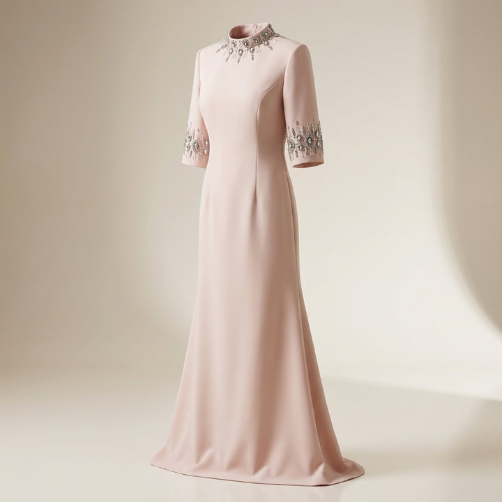 Crystal-Embellished High-Neck Elbow-Sleeve Column Evening Gown-Vyana Collective