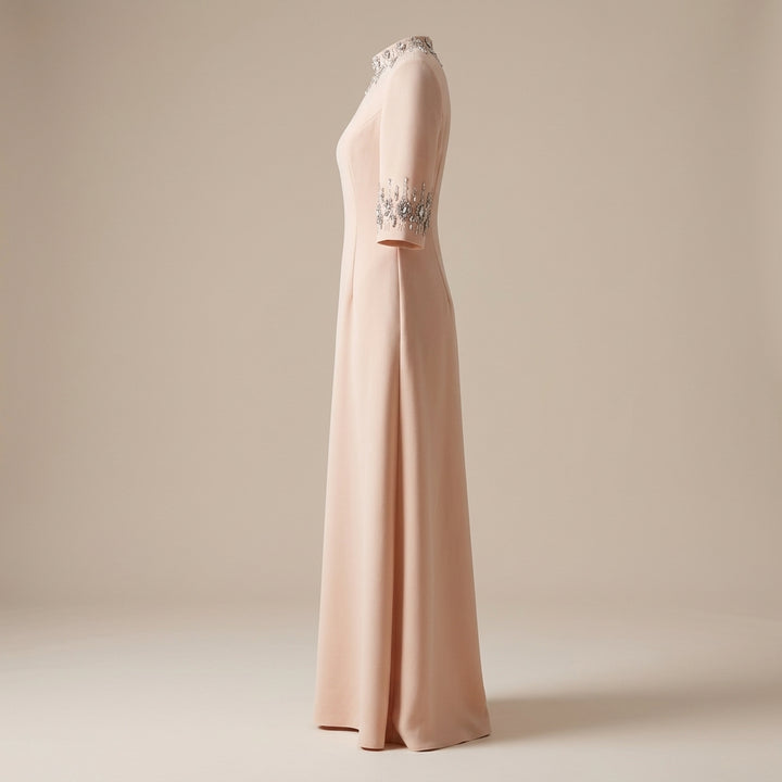 Crystal-Embellished High-Neck Elbow-Sleeve Column Evening Gown-Vyana Collective