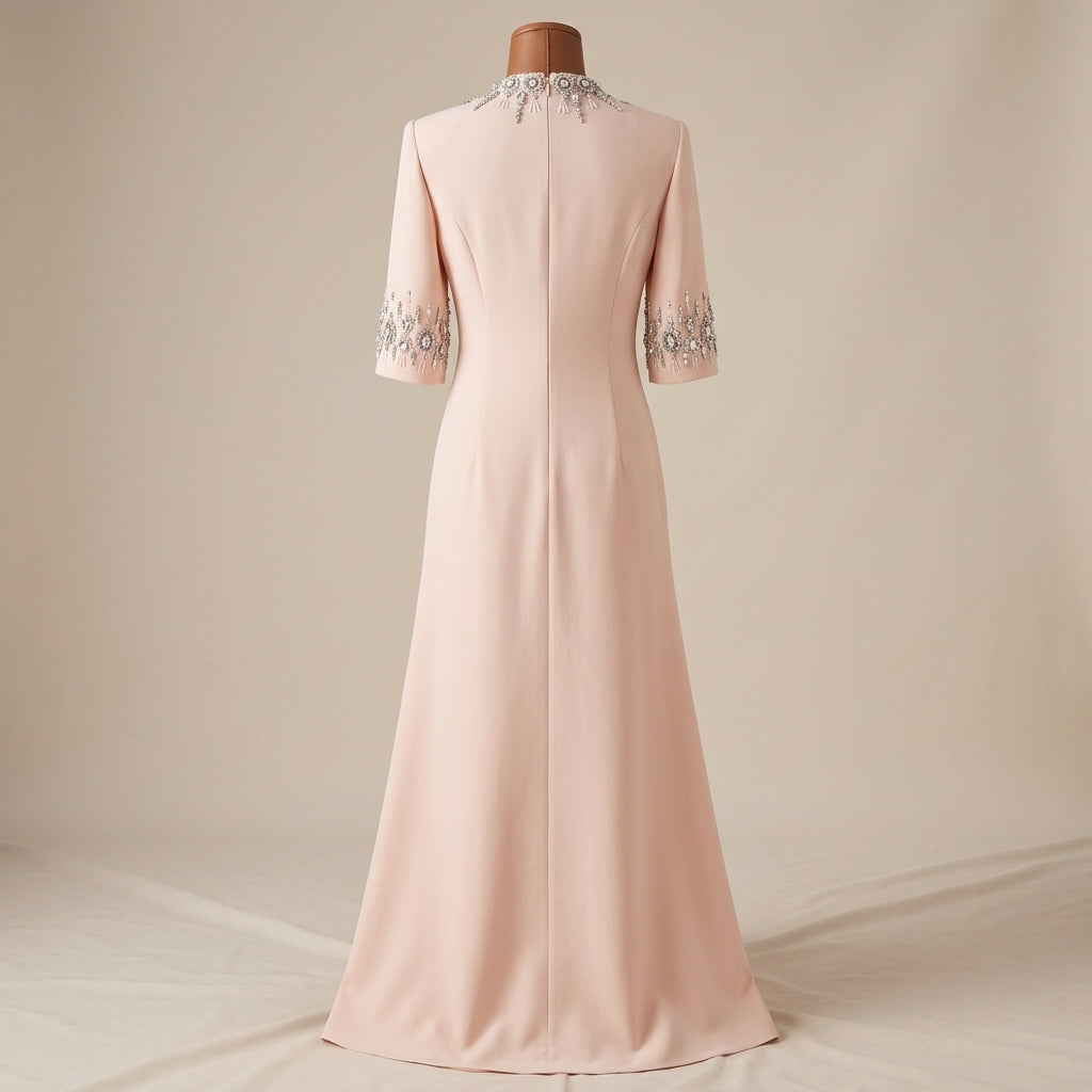 Crystal-Embellished High-Neck Elbow-Sleeve Column Evening Gown-Vyana Collective