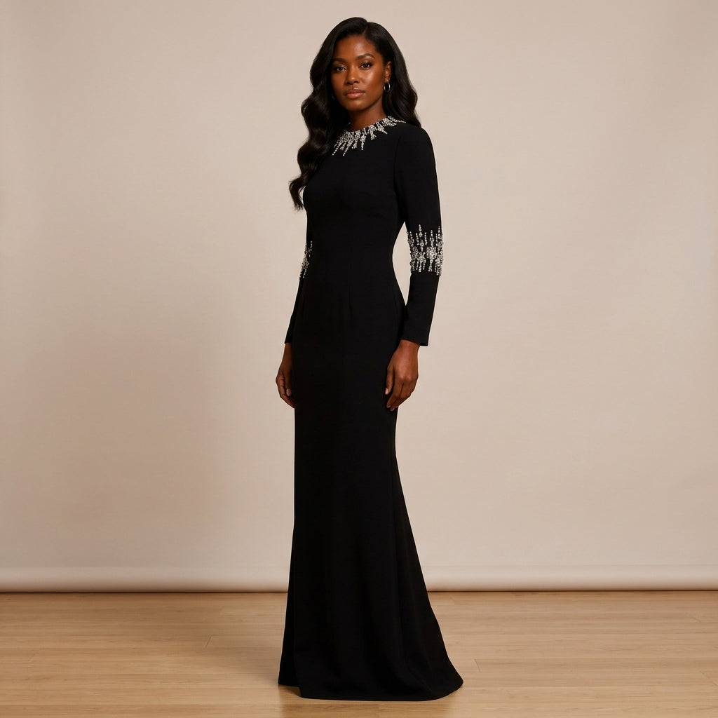 Crystal-Embellished High-Neck Elbow-Sleeve Column Evening Gown-Vyana Collective