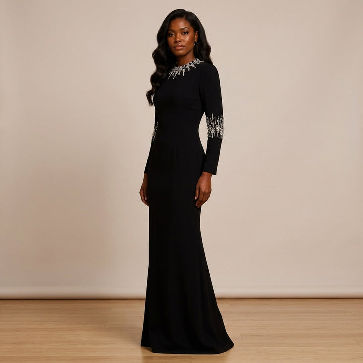 Crystal-Embellished High-Neck Elbow-Sleeve Column Evening Gown-Vyana Collective