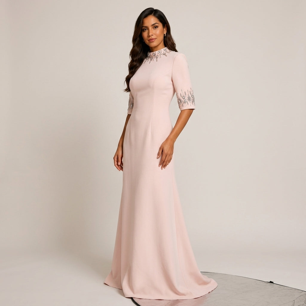 Crystal-Embellished High-Neck Elbow-Sleeve Column Evening Gown-Vyana Collective