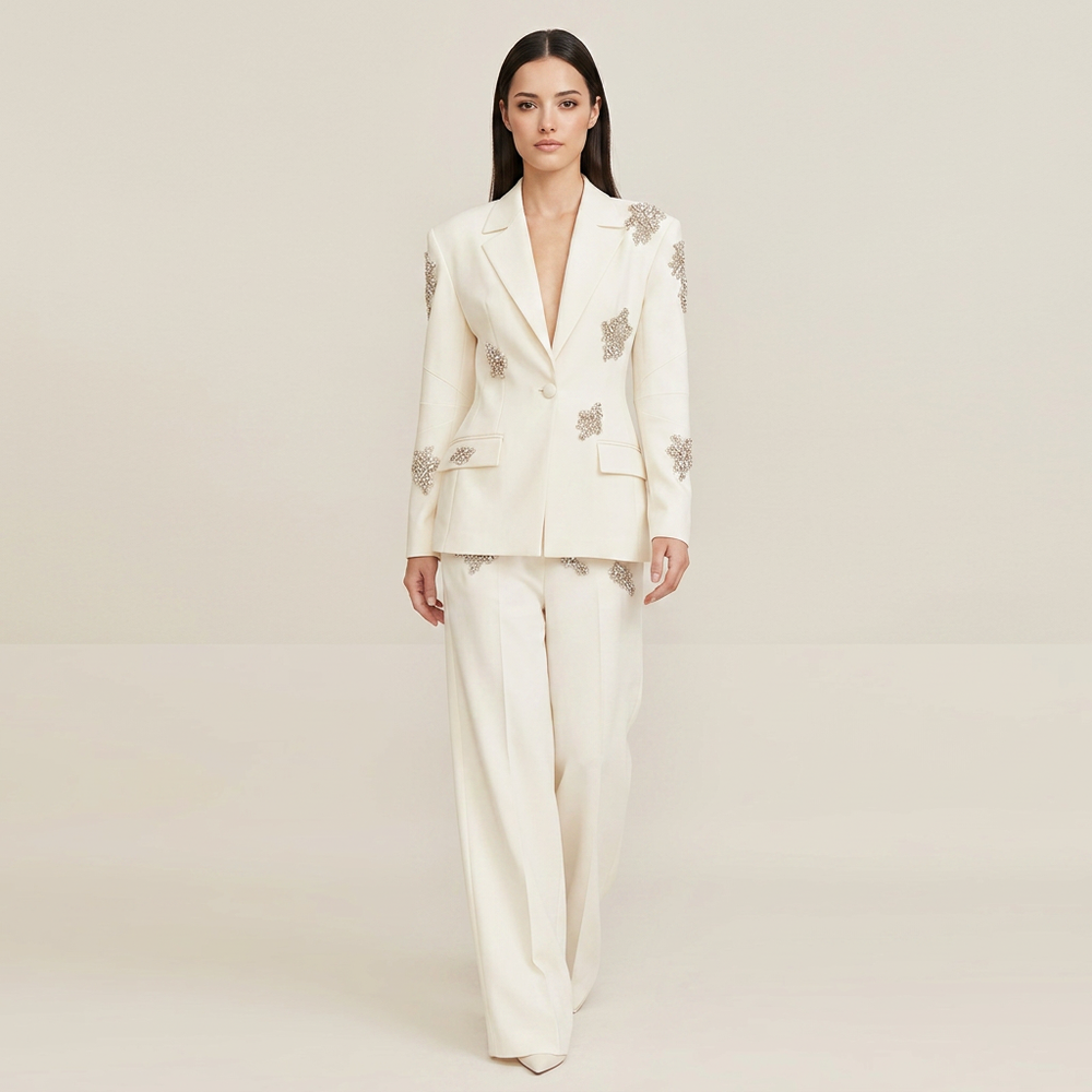 Crystal Embellished One Button Blazer and Wide Leg Pants Set for Friday Night Vibes Women-Vyana Collective