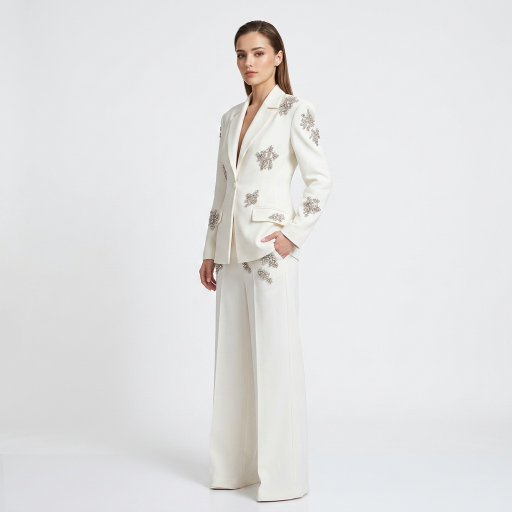 Crystal Embellished One Button Blazer and Wide Leg Pants Set for Friday Night Vibes Women-Vyana Collective