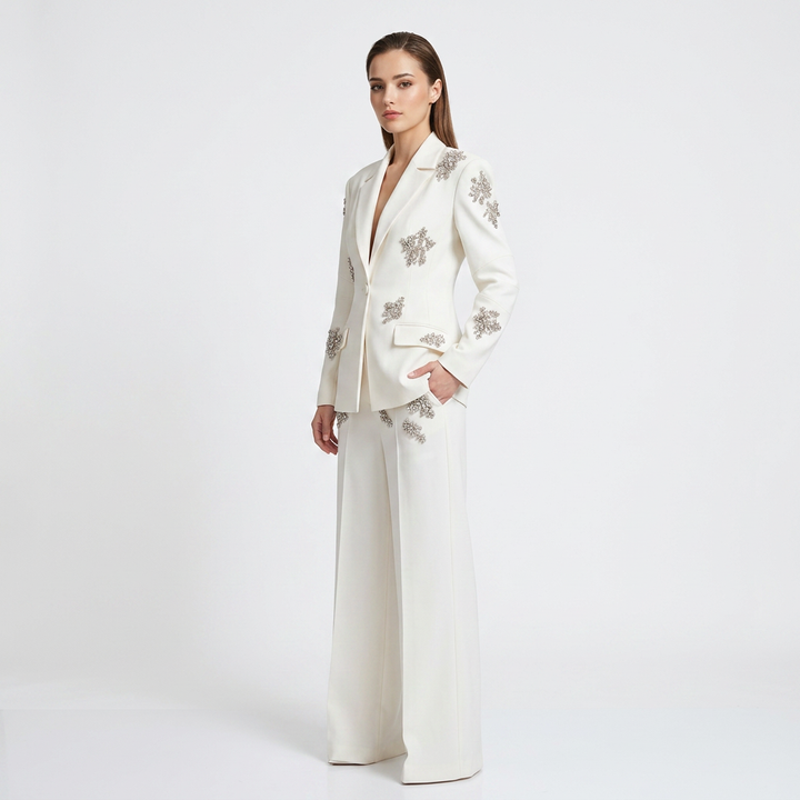 Crystal Embellished One Button Blazer and Wide Leg Pants Set for Friday Night Vibes Women-Vyana Collective