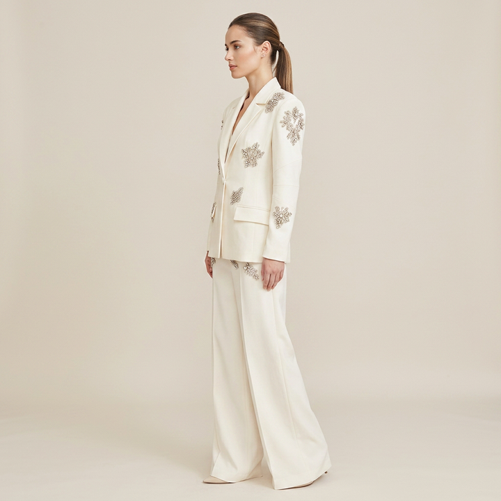 Crystal Embellished One Button Blazer and Wide Leg Pants Set for Friday Night Vibes Women-Vyana Collective