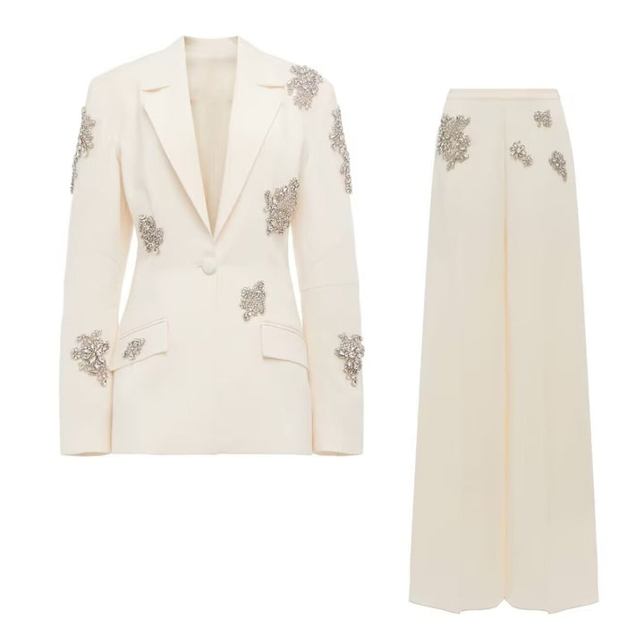 Crystal Embellished One Button Blazer and Wide Leg Pants Set for Friday Night Vibes Women-Vyana Collective