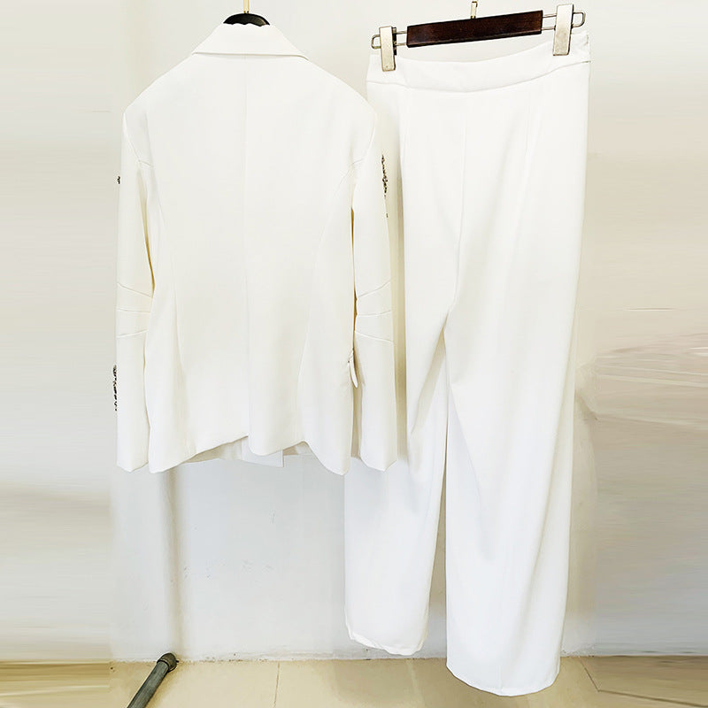 Crystal Embellished One Button Blazer and Wide Leg Pants Set for Friday Night Vibes Women-Vyana Collective