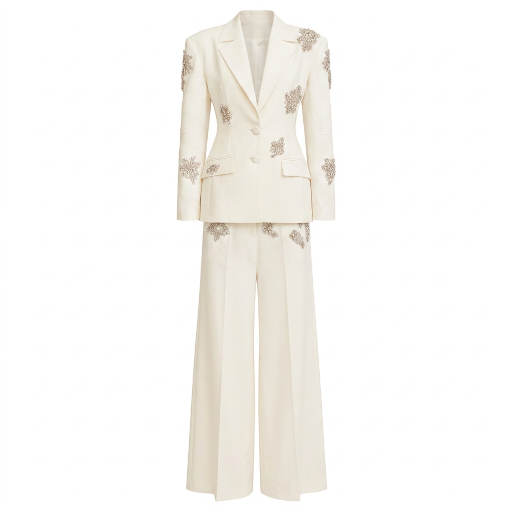 Crystal Embellished One Button Blazer and Wide Leg Pants Set for Friday Night Vibes Women-Vyana Collective