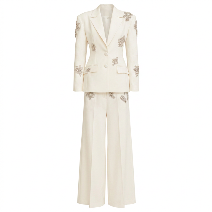 Crystal Embellished One Button Blazer and Wide Leg Pants Set for Friday Night Vibes Women-Vyana Collective