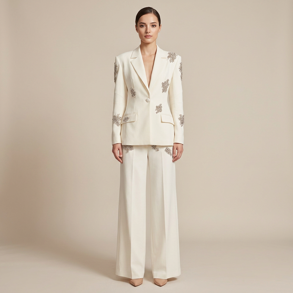 Crystal Embellished One Button Blazer and Wide Leg Pants Set for Friday Night Vibes Women-Vyana Collective