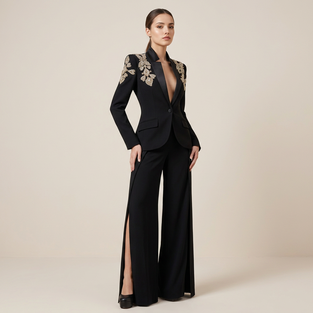 Crystal Embellished Stand Collar Blazer and Slit Wide Leg Pants Suit Set for Executive Evenings and Formal Elegance Women-Vyana Collective