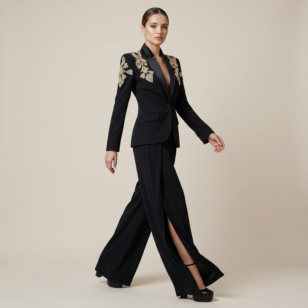 Crystal Embellished Stand Collar Blazer and Slit Wide Leg Pants Suit Set for Executive Evenings and Formal Elegance Women-Vyana Collective