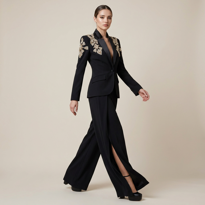Crystal Embellished Stand Collar Blazer and Slit Wide Leg Pants Suit Set for Executive Evenings and Formal Elegance Women-Vyana Collective