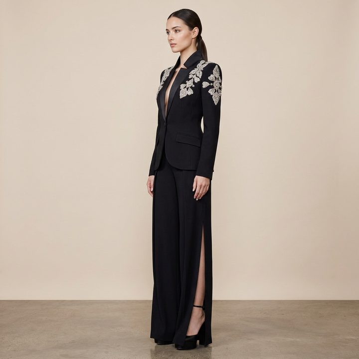 Crystal Embellished Stand Collar Blazer and Slit Wide Leg Pants Suit Set for Executive Evenings and Formal Elegance Women-Vyana Collective