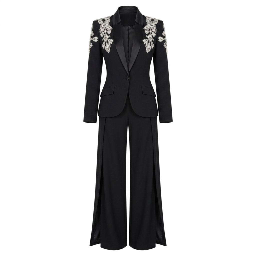 Crystal Embellished Stand Collar Blazer and Slit Wide Leg Pants Suit Set for Executive Evenings and Formal Elegance Women-Vyana Collective