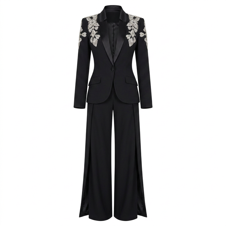Crystal Embellished Stand Collar Blazer and Slit Wide Leg Pants Suit Set for Executive Evenings and Formal Elegance Women-Vyana Collective