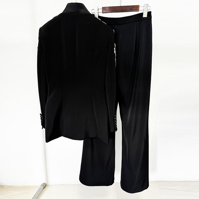 Crystal Embellished Stand Collar Blazer and Slit Wide Leg Pants Suit Set for Executive Evenings and Formal Elegance Women-Vyana Collective
