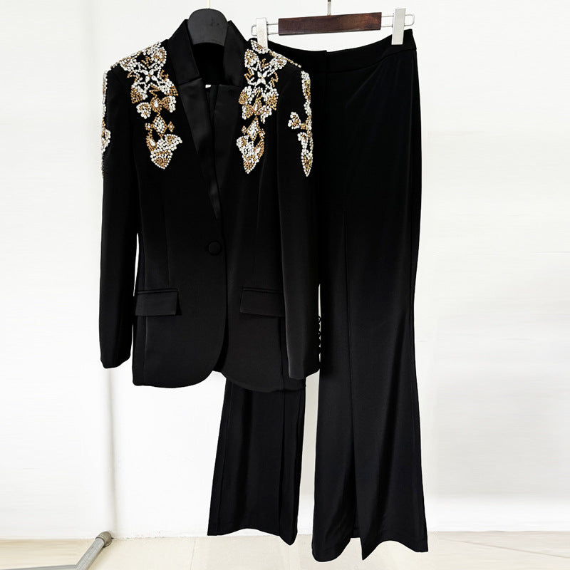 Crystal Embellished Stand Collar Blazer and Slit Wide Leg Pants Suit Set for Executive Evenings and Formal Elegance Women-Vyana Collective