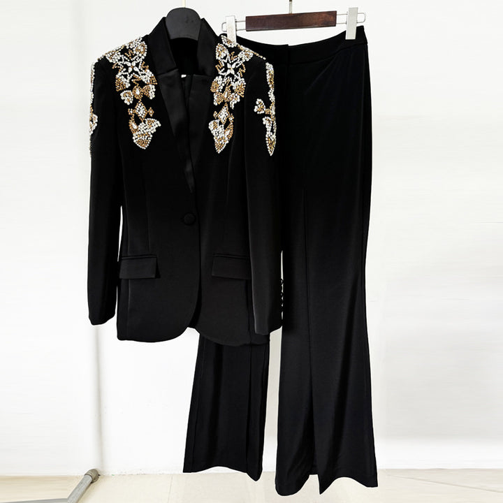 Crystal Embellished Stand Collar Blazer and Slit Wide Leg Pants Suit Set for Executive Evenings and Formal Elegance Women-Vyana Collective