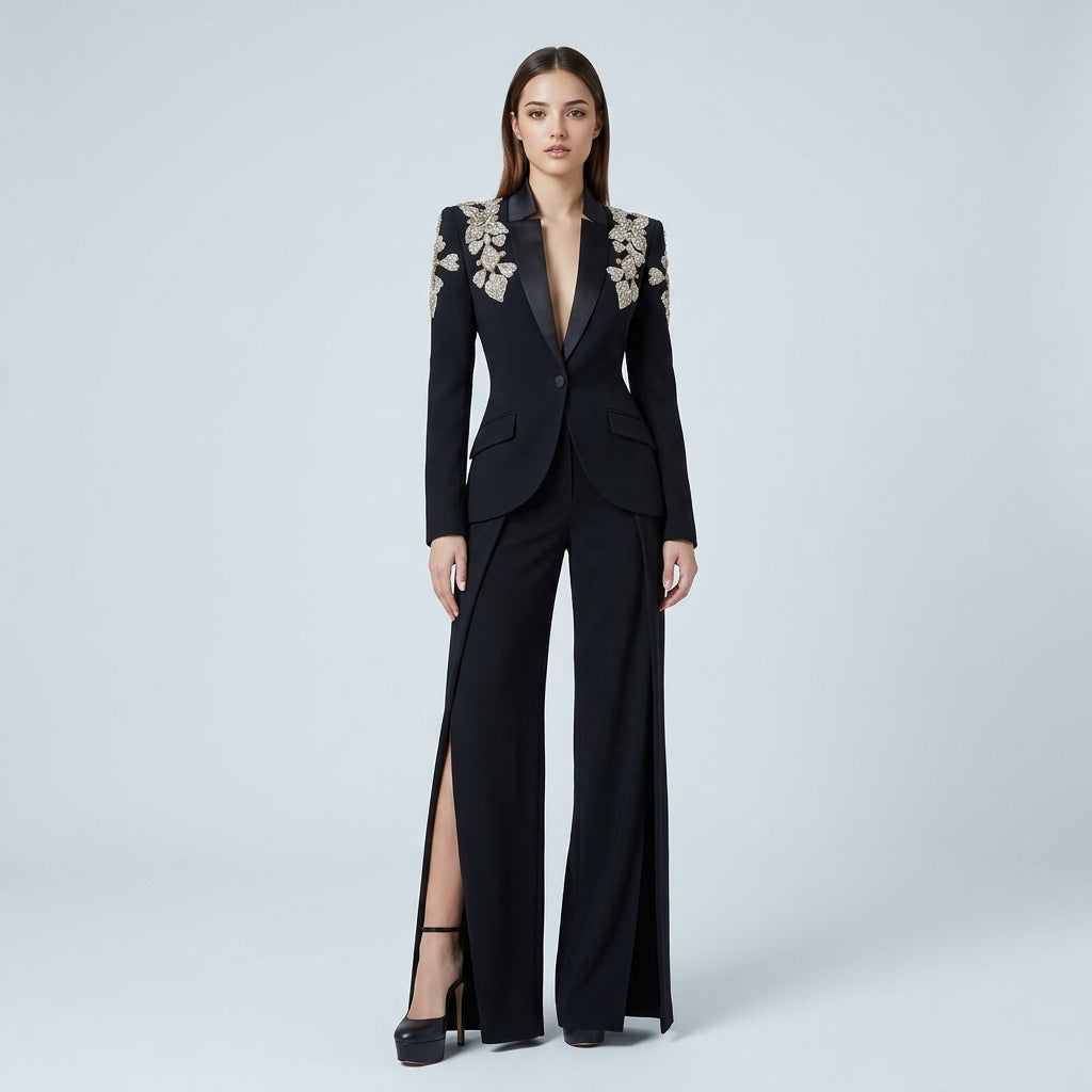 Crystal Embellished Stand Collar Blazer and Slit Wide Leg Pants Suit Set for Executive Evenings and Formal Elegance Women-Vyana Collective