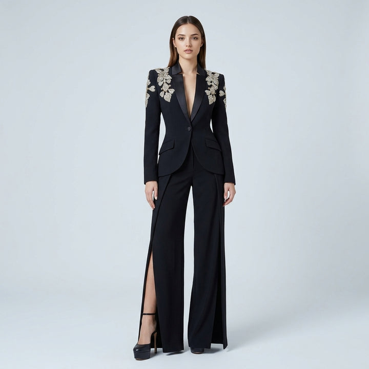 Crystal Embellished Stand Collar Blazer and Slit Wide Leg Pants Suit Set for Executive Evenings and Formal Elegance Women-Vyana Collective