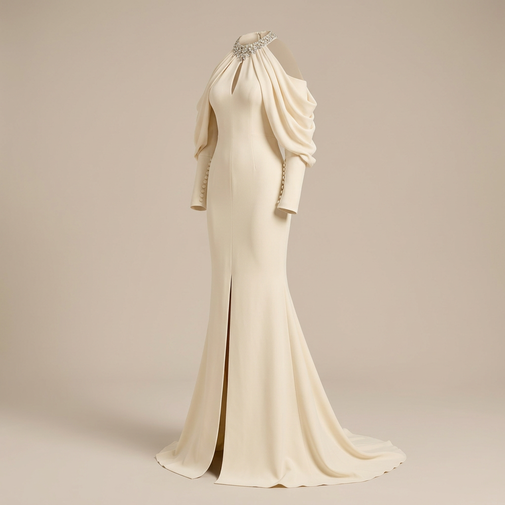 Crystal Halter Cold-Shoulder Draped-Sleeve Mermaid Evening Gown-Vyana Collective