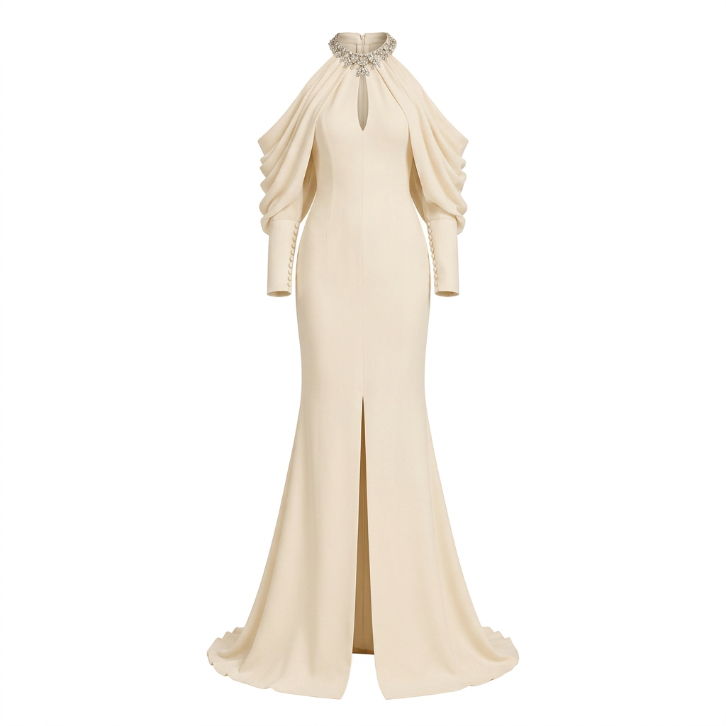 Crystal Halter Cold-Shoulder Draped-Sleeve Mermaid Evening Gown-Vyana Collective