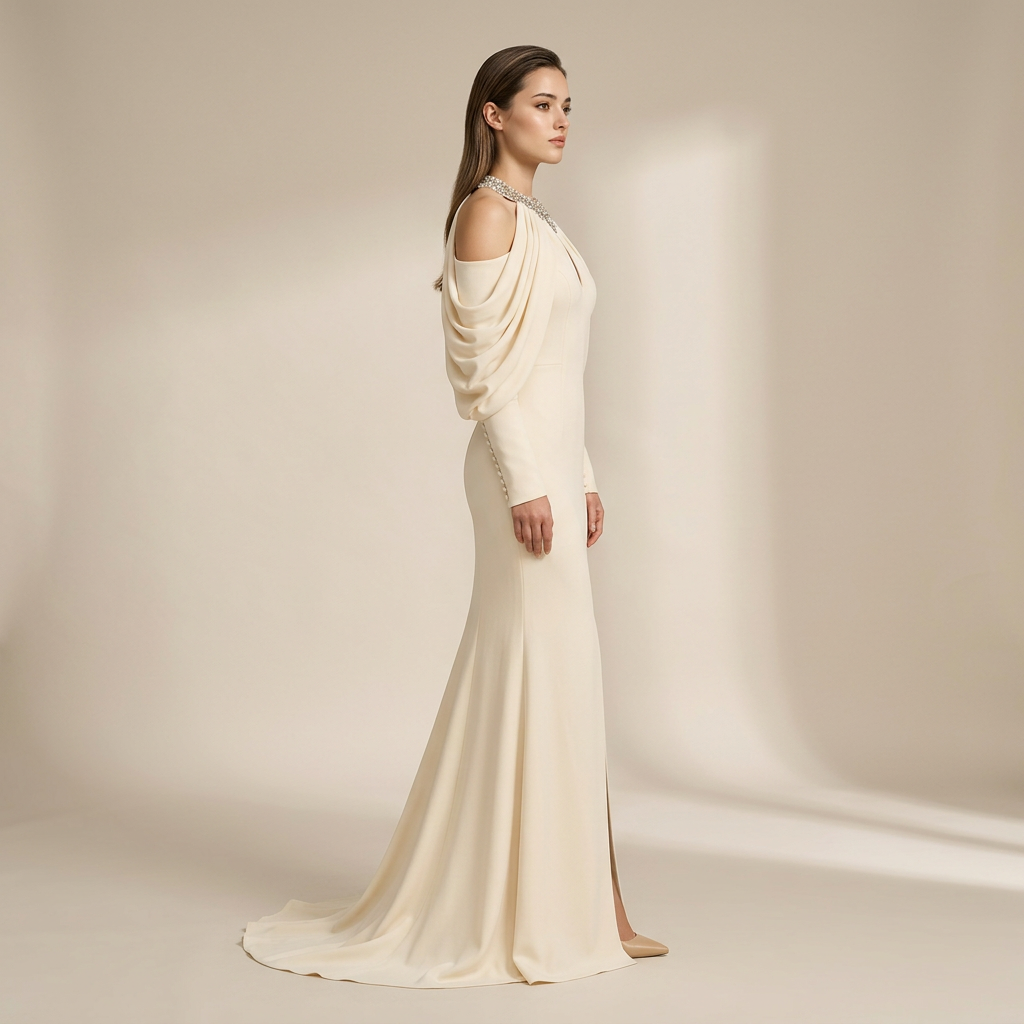 Crystal Halter Cold-Shoulder Draped-Sleeve Mermaid Evening Gown-Vyana Collective