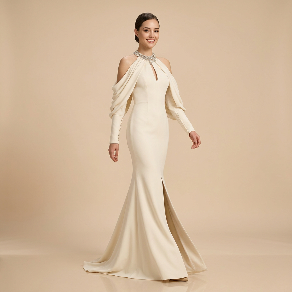 Crystal Halter Cold-Shoulder Draped-Sleeve Mermaid Evening Gown-Vyana Collective