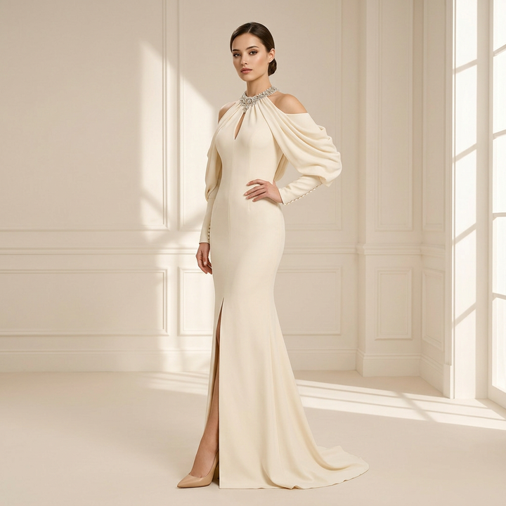 Crystal Halter Cold-Shoulder Draped-Sleeve Mermaid Evening Gown-Vyana Collective