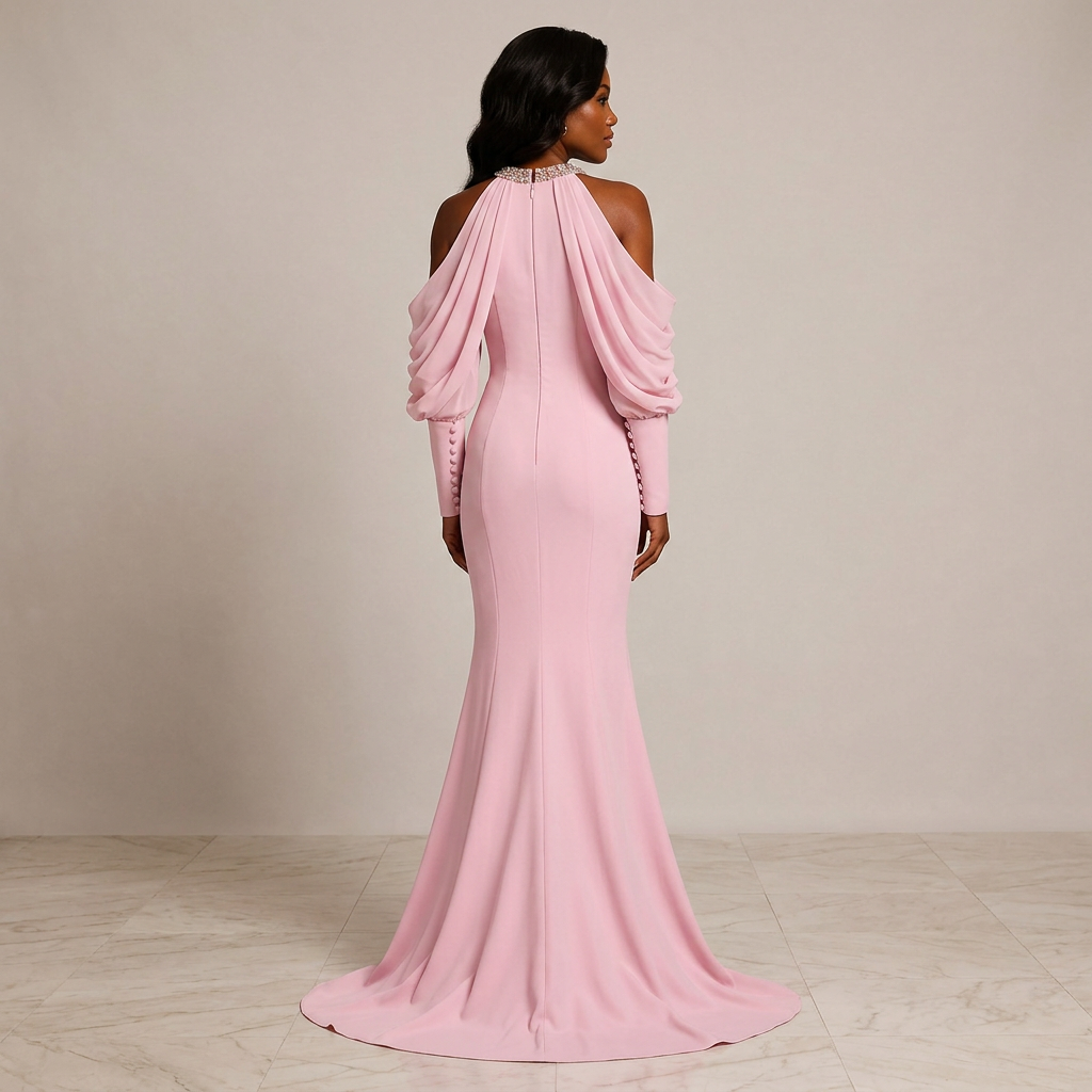 Crystal Halter Cold-Shoulder Draped-Sleeve Mermaid Evening Gown-Vyana Collective