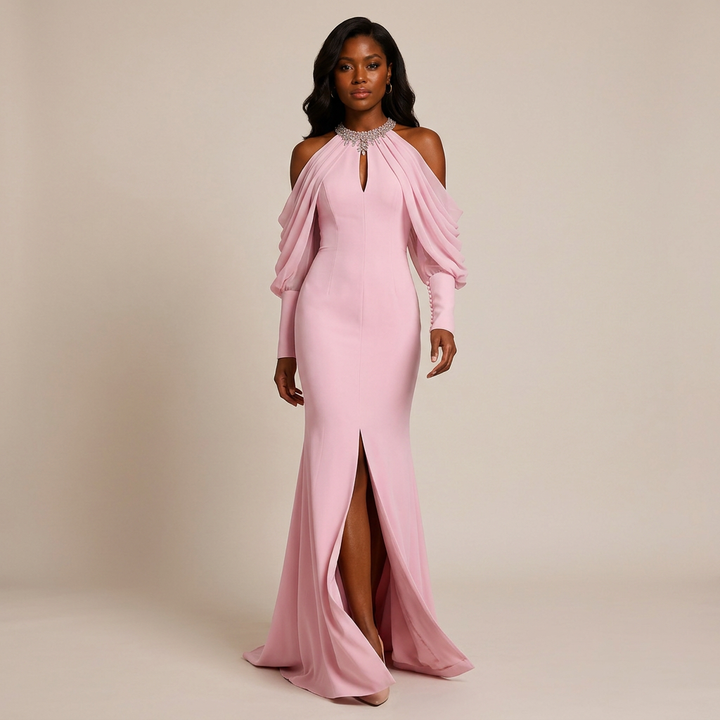 Crystal Halter Cold-Shoulder Draped-Sleeve Mermaid Evening Gown-Vyana Collective