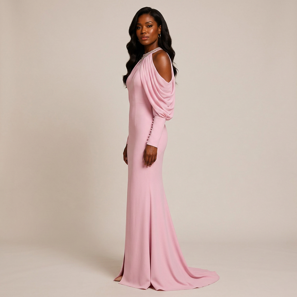 Crystal Halter Cold-Shoulder Draped-Sleeve Mermaid Evening Gown-Vyana Collective