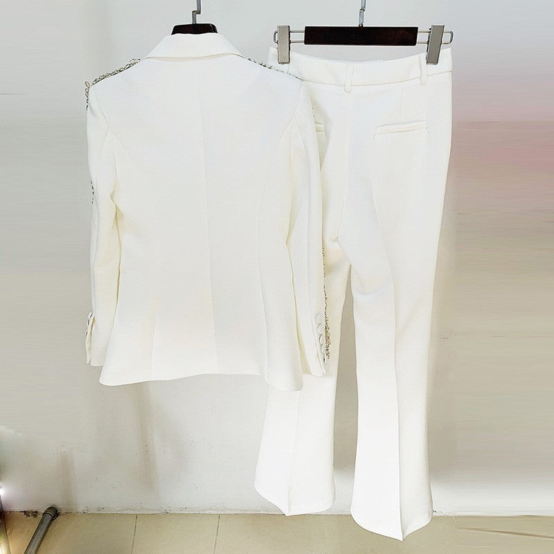 Crystal Trim Blazer and Flared Pants Suit Set for Executive Office Style Women-Vyana Collective