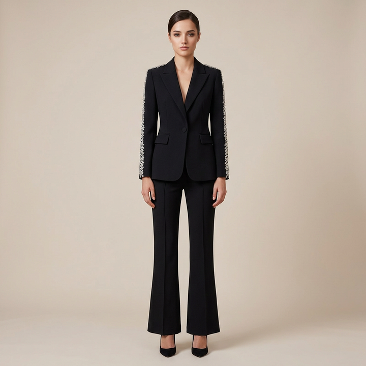Crystal Trim Blazer and Flared Pants Suit Set for Executive Office Style Women-Vyana Collective