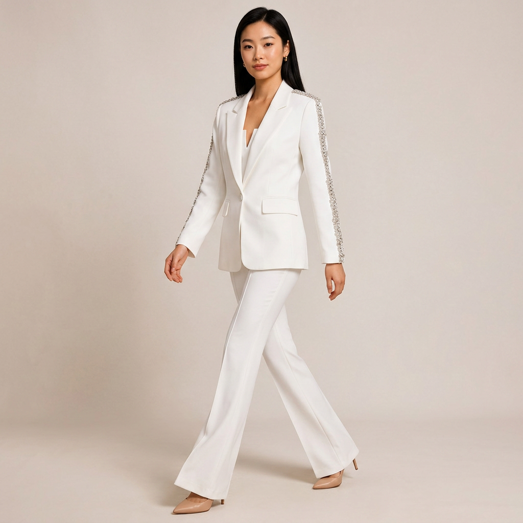 Crystal Trim Blazer and Flared Pants Suit Set for Executive Office Style Women-Vyana Collective