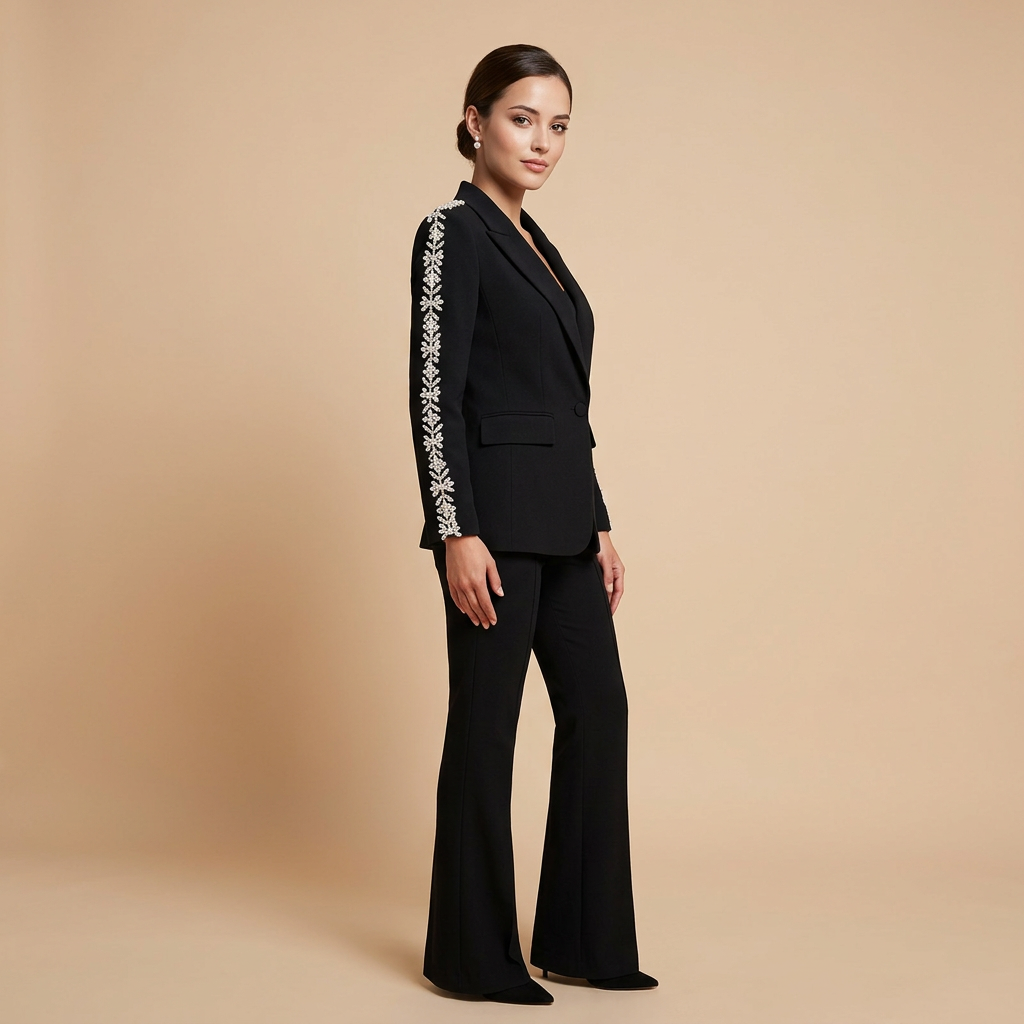 Crystal Trim Blazer and Flared Pants Suit Set for Executive Office Style Women-Vyana Collective