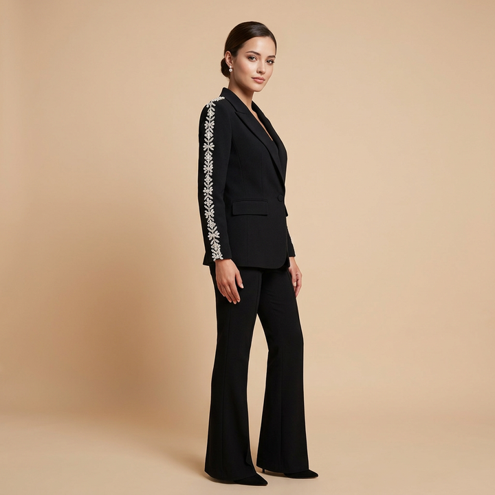 Crystal Trim Blazer and Flared Pants Suit Set for Executive Office Style Women-Vyana Collective