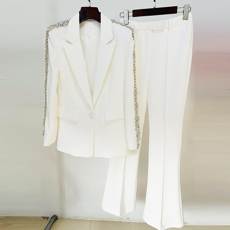 Crystal Trim Blazer and Flared Pants Suit Set for Executive Office Style Women-Vyana Collective