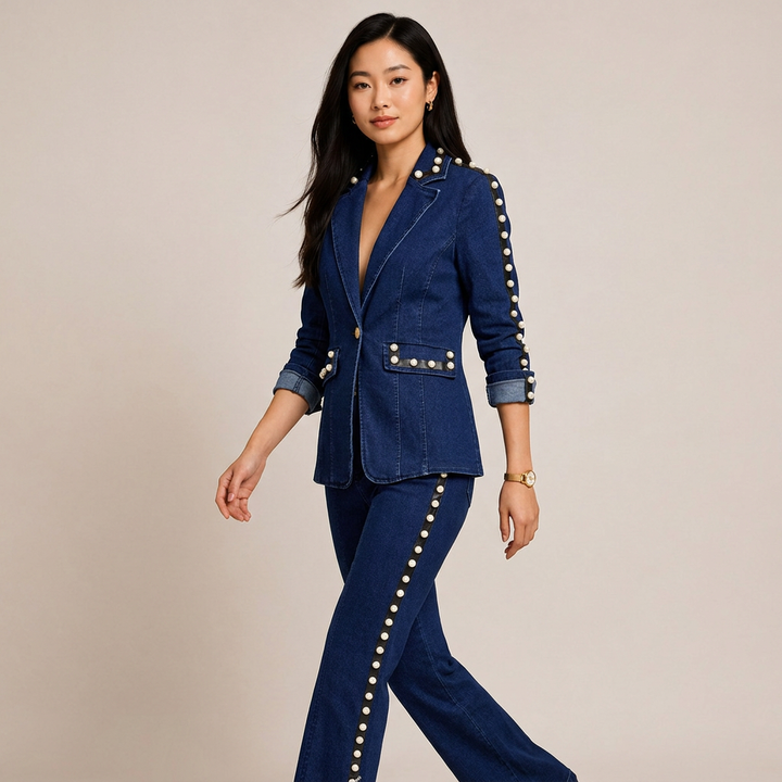 Dark Denim Pearl-Embellished Blazer &amp; Flare Pants Suit Set-Vyana Collective