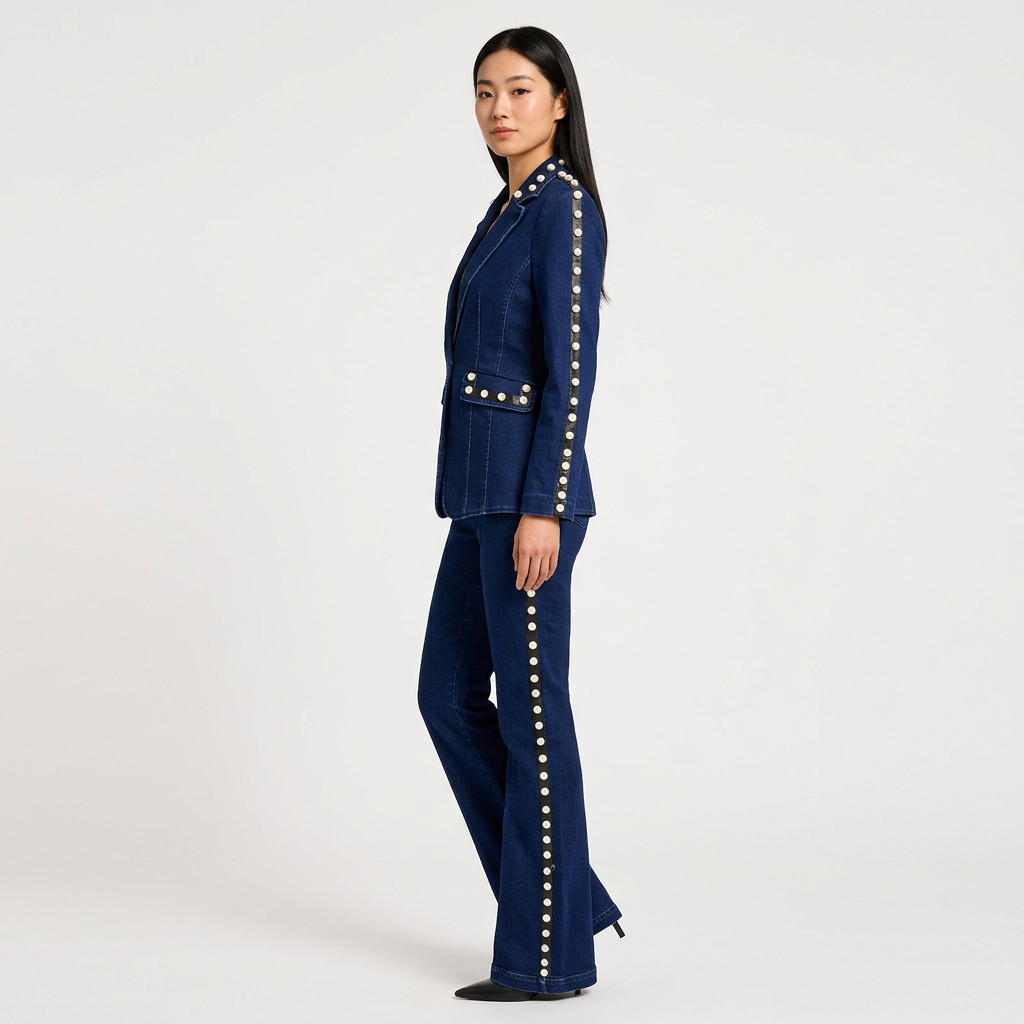 Dark Denim Pearl-Embellished Blazer &amp; Flare Pants Suit Set-Vyana Collective