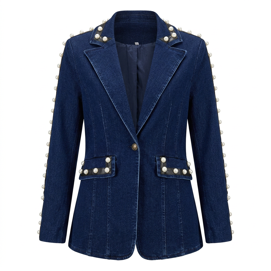 Dark Denim Pearl-Embellished Blazer &amp; Flare Pants Suit Set-Vyana Collective