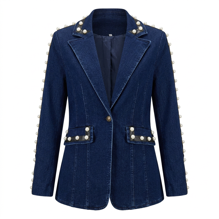 Dark Denim Pearl-Embellished Blazer &amp; Flare Pants Suit Set-Vyana Collective