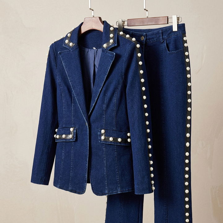 Dark Denim Pearl-Embellished Blazer &amp; Flare Pants Suit Set-Vyana Collective