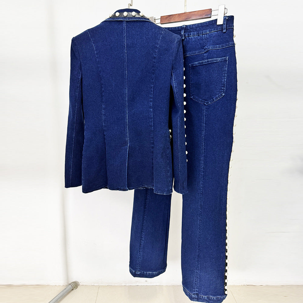 Dark Denim Pearl-Embellished Blazer &amp; Flare Pants Suit Set-Vyana Collective