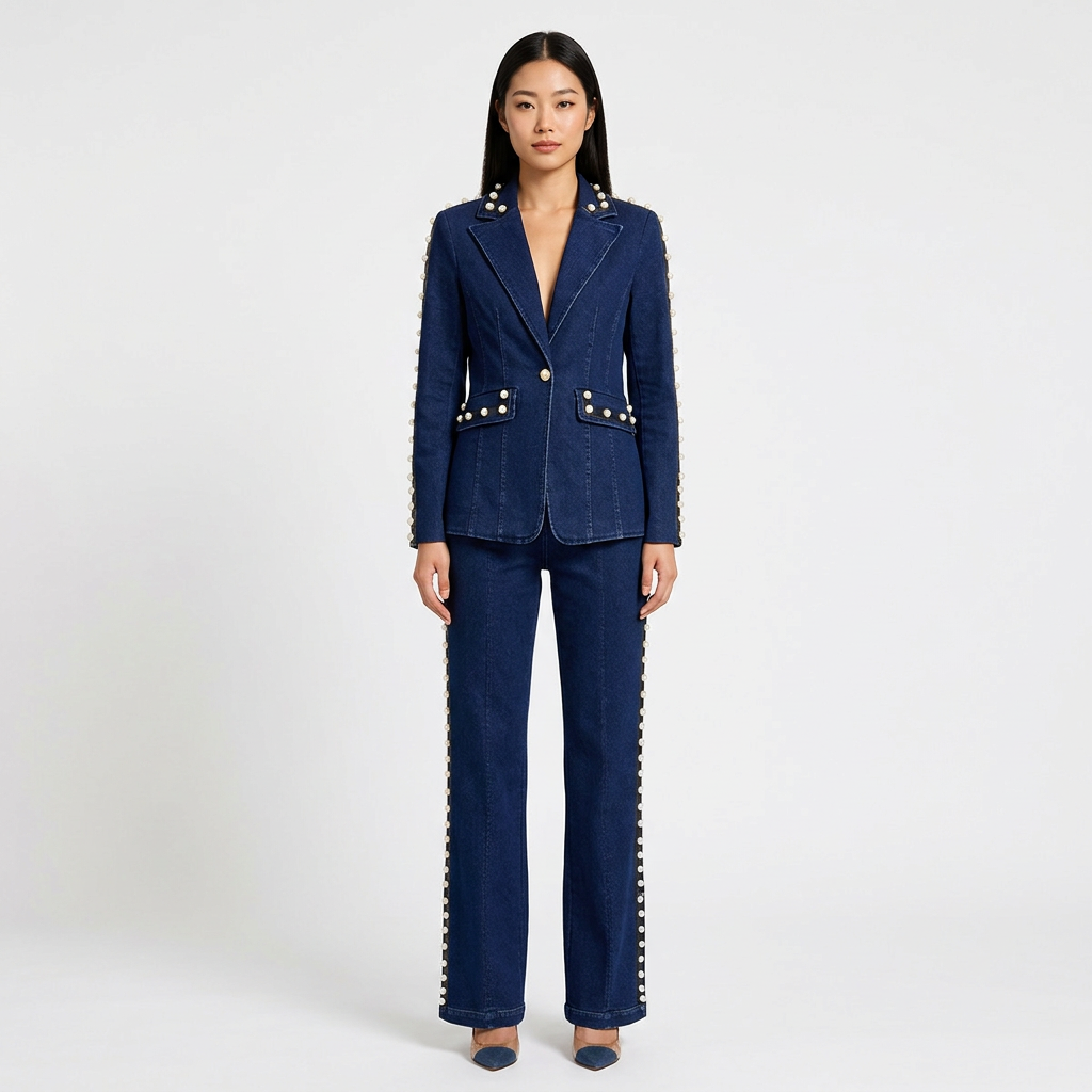 Dark Denim Pearl-Embellished Blazer &amp; Flare Pants Suit Set-Vyana Collective