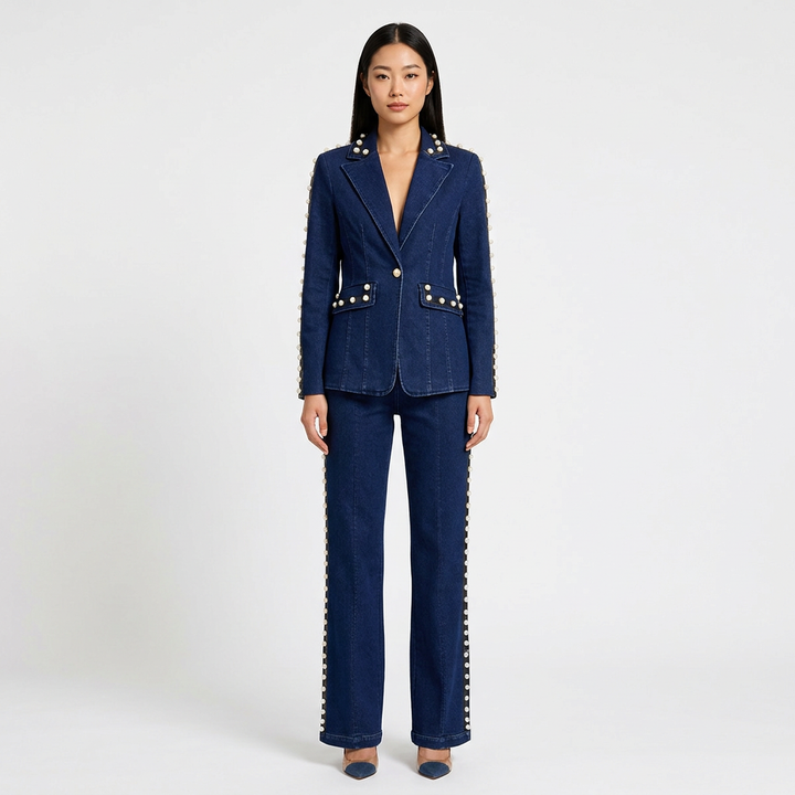Dark Denim Pearl-Embellished Blazer &amp; Flare Pants Suit Set-Vyana Collective