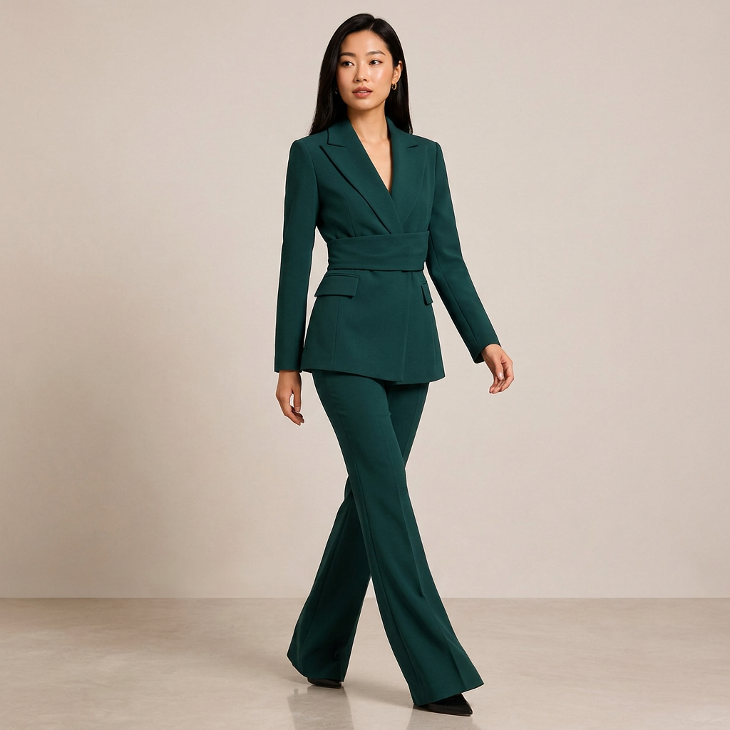 Dark Green Belted Vintage Pantsuit for Power Meetings and Evening Events for Women-Vyana Collective
