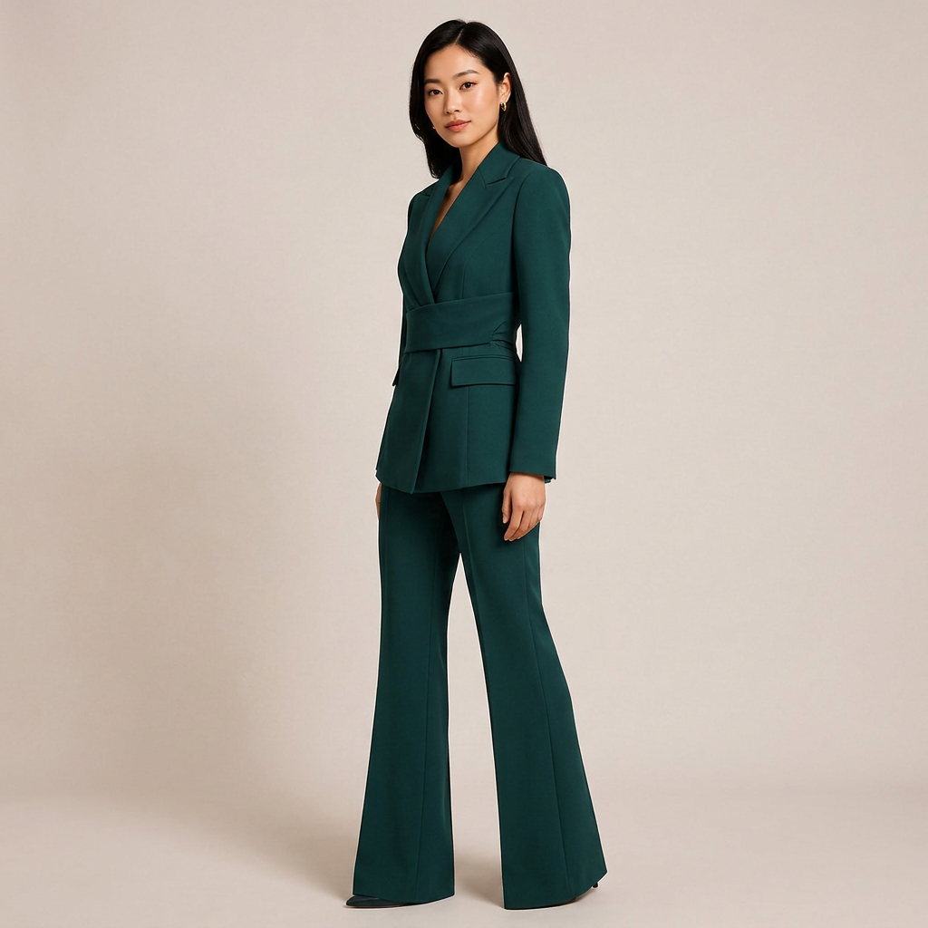 Dark Green Belted Vintage Pantsuit for Power Meetings and Evening Events for Women-Vyana Collective